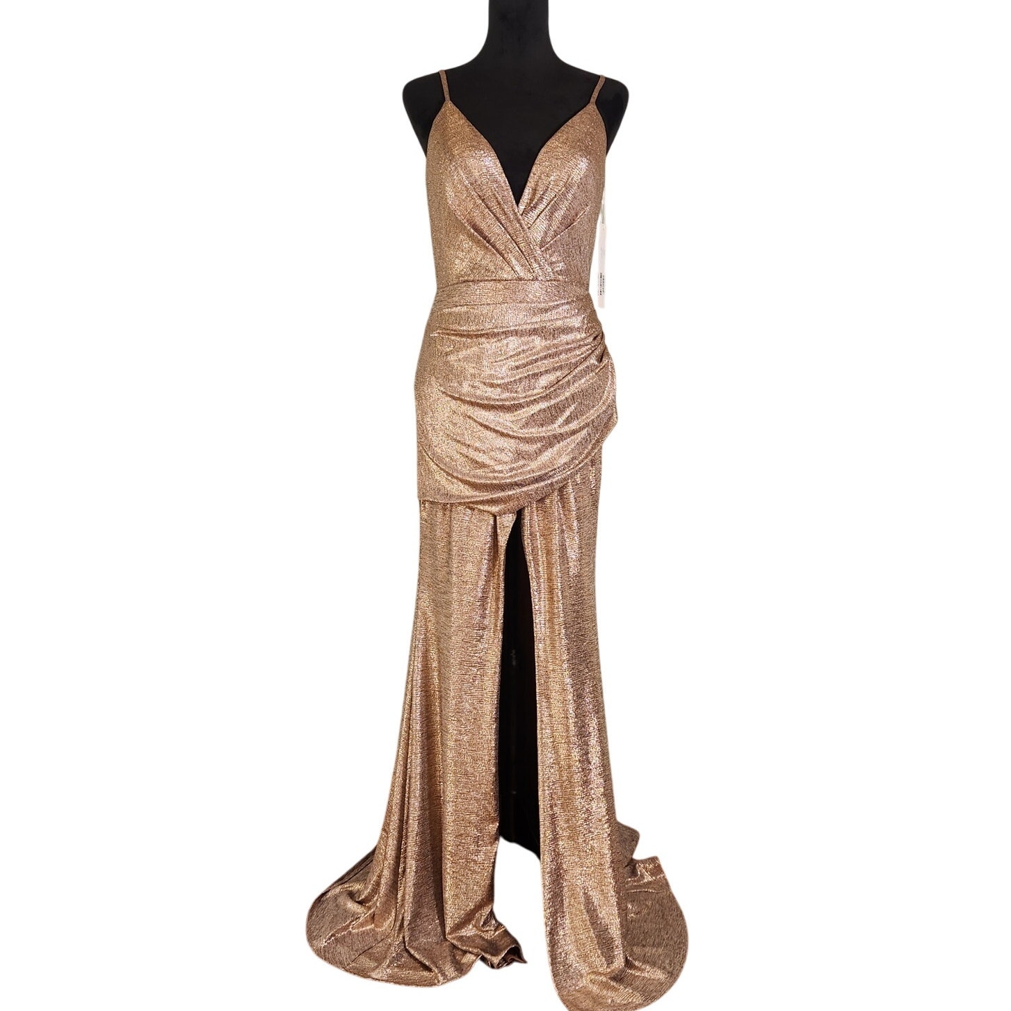Nwt Jvn By Jovani Metallic Rose Gold Plunge Draped Maxi Gown